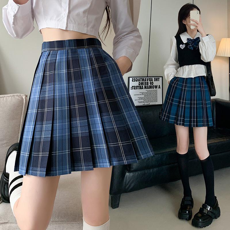 Women's Blue Plaid A-Line High Waist Pleated Skirt - College Style, Plus Size, Short Length for Spring & Autumn