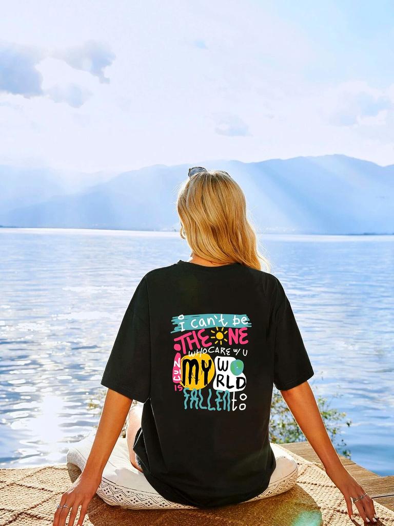 Korean Version Letter Women Back Graphic T-shirt Casual Loose Unisexga Short Sleeve Tees Shirts O-neck White Cotton 100% T Shirts