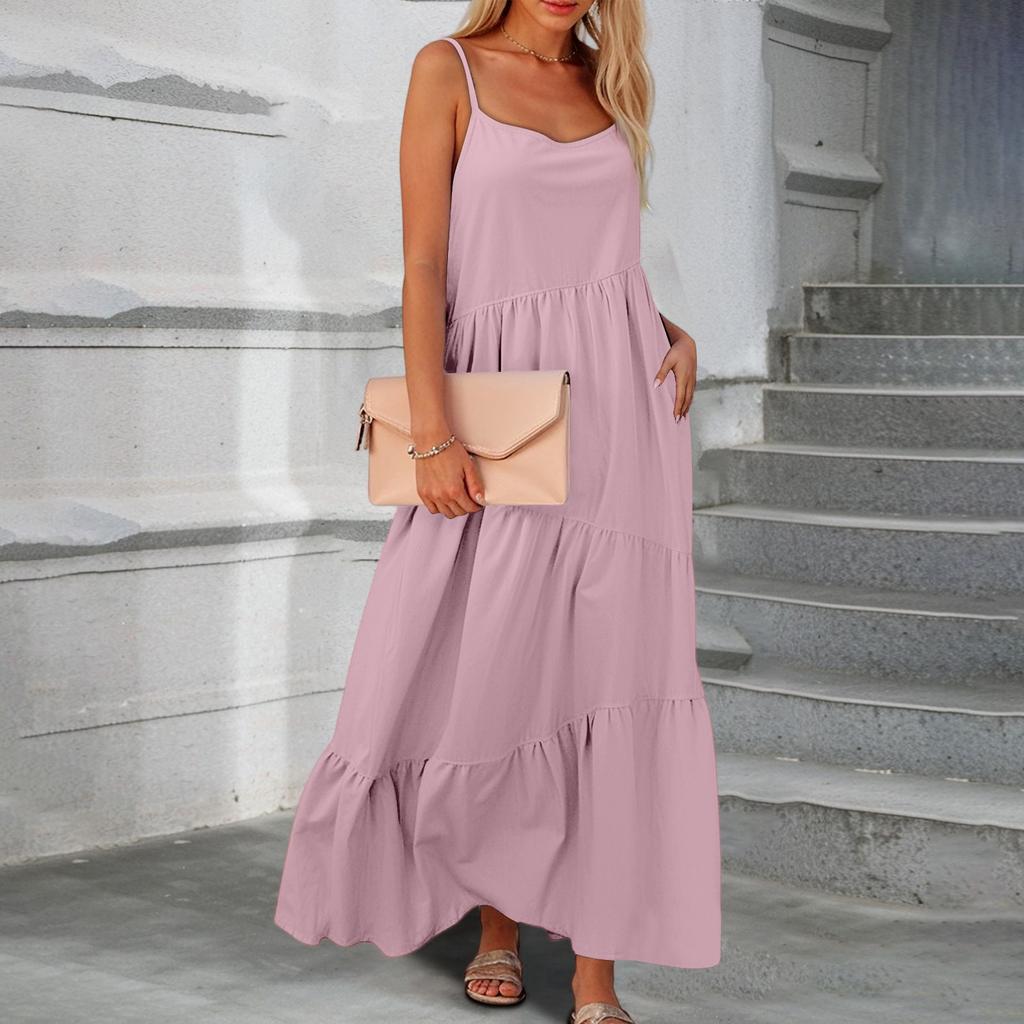 Women Solid Bohemian Casual  Beach Dress Pleated Irregular Dress Beach  Long Dress