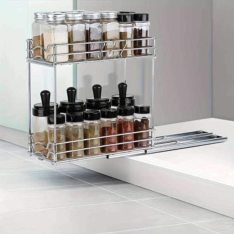 1pc Pull Out Cabinet Spice Rack Organiser, Pull Out Kitchen Spice Shelf Organiser, 2 Tier Cabinet Organiser, Under Sink Organiser