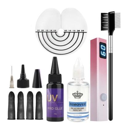 Kit Profesional de Extensiones de Cabello UV con Lámpara UV y Pegamento | Protectores Anti-UV, Removedor de Pegamento y Máquina de Curado Rápido | Set de Cabello para Uso en Salón y en Casa