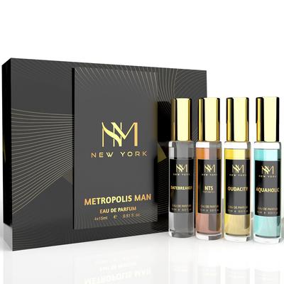 Coffret de 4 parfums de luxe Metropolis Man | Parfums de luxe haut de gamme | Cadeau d'anniversaire pour homme | Parfum longue tenue | 15 ml chacun