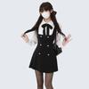 Soft Girl Kawaii Minikleid Fake Zweiteiler Kleid Damen Preppy Stil Schleifenknöpfe Langarm A-Linie Minikleid