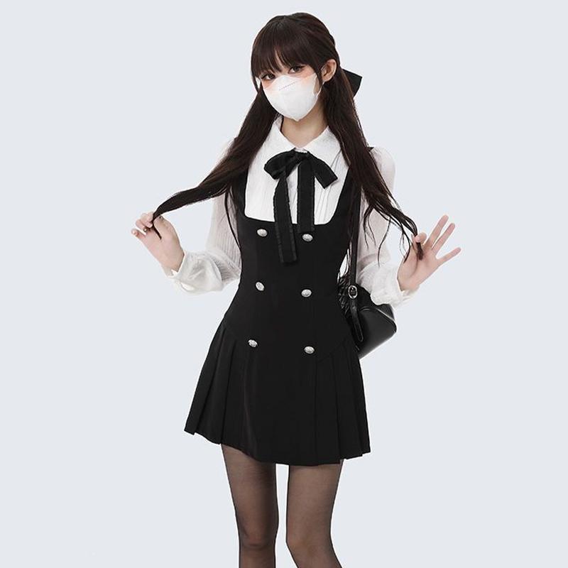Soft Girl Kawaii Minikleid Fake Zweiteiler Kleid Damen Preppy Stil Schleifenknöpfe Langarm A-Linie Minikleid