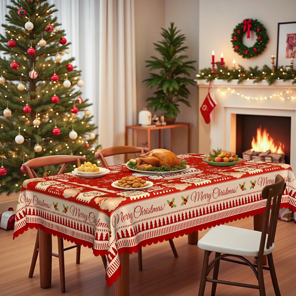 Christmas Round And Rectangular Table Cloth, Red Santa Reindeer Snowflake Christmas Tree Tablecloth Decorative Cloth