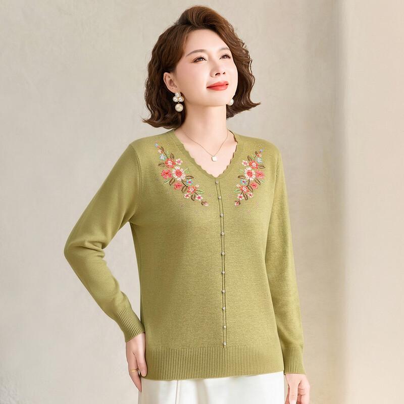Pastel Women's Floral Embroidered Rhinestone V-Neck Knit Sweater