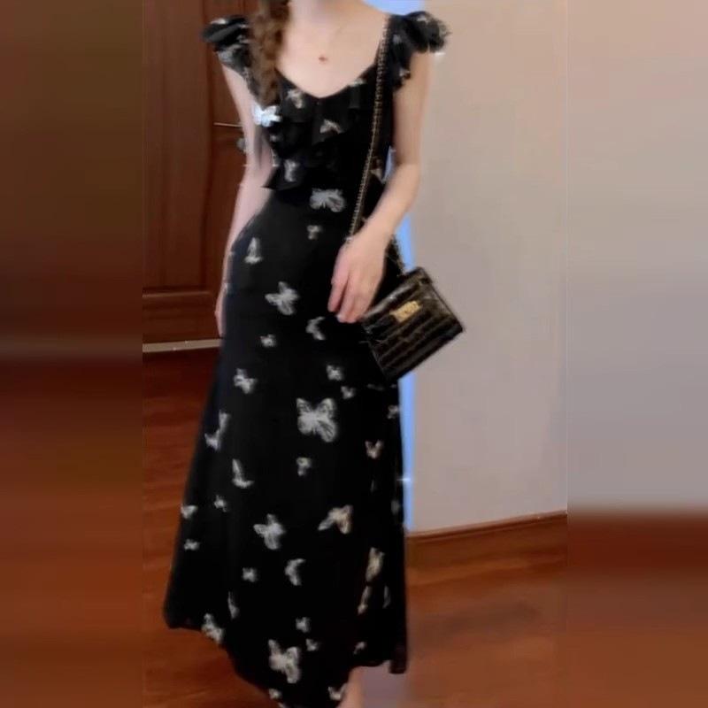 2026 New Coffee Break French Black Floral Dress Summer Women's High-end Small Flying Sleeves Waist Long Dress