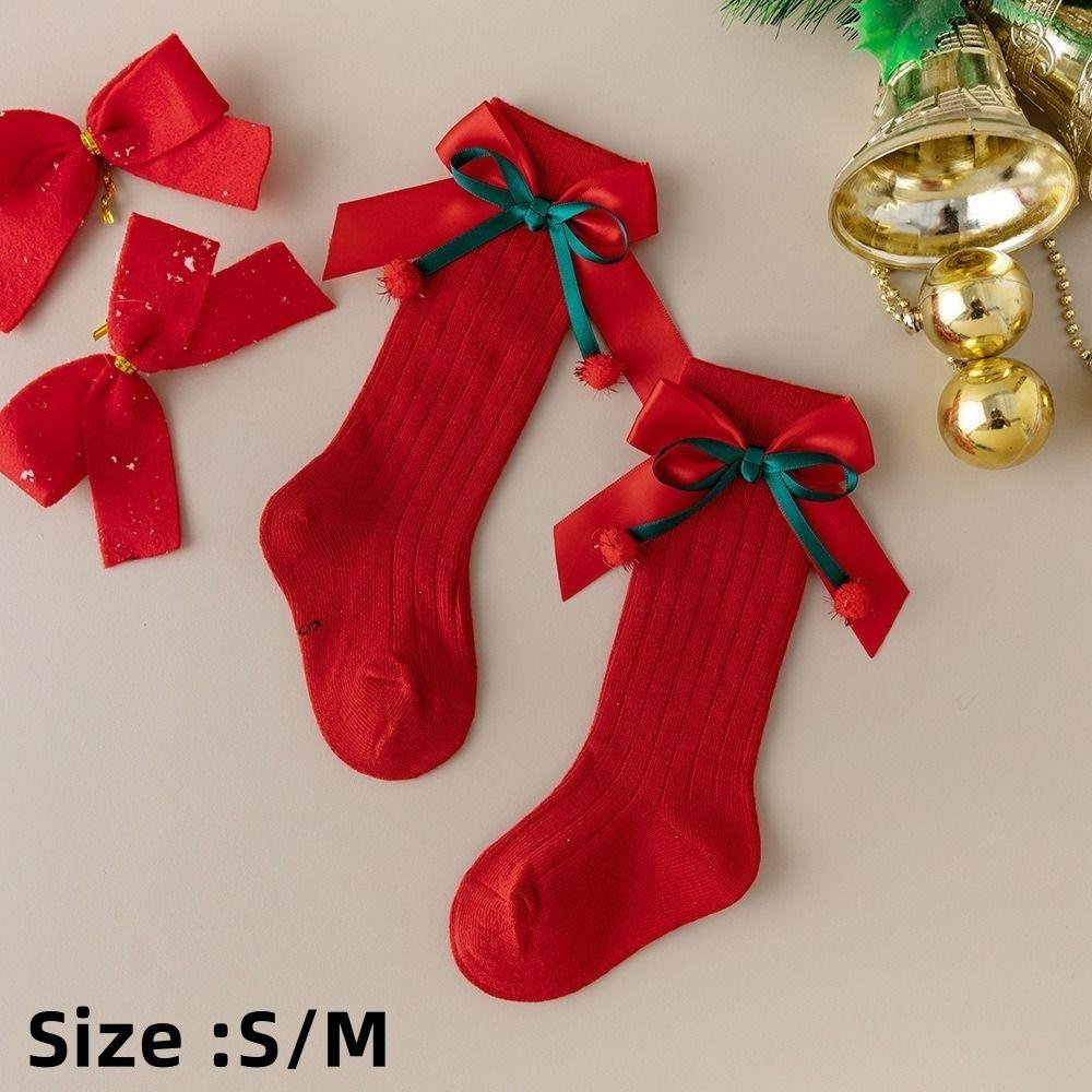 Red Kids Red Socks Cotton Bow Middle Tube Socks Soft Baby Middle Tube Socks  Autumn Winter