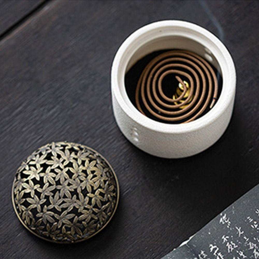 Desktop Ornament Ceramics Line Incense Burner Small Retro Aromatherapy Holder with Lid Creative Incense Censer Indoor