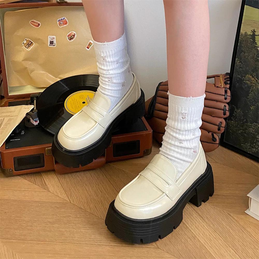 Lakované Mokasíny na Silné Platformě Dámské Japonský Styl Studentské Uniformní Boty Žena Silná Podrážka Protiskluzové Černé Ležérní Boty