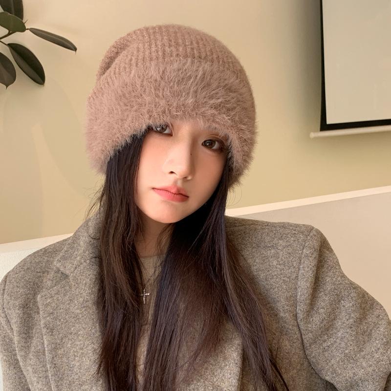 Autumn and Winter Hat Women's Wool Knitted Hat Big Head Circumference Headgear Rabbit Fur Fleece Ear Protector Warm Cold Hat