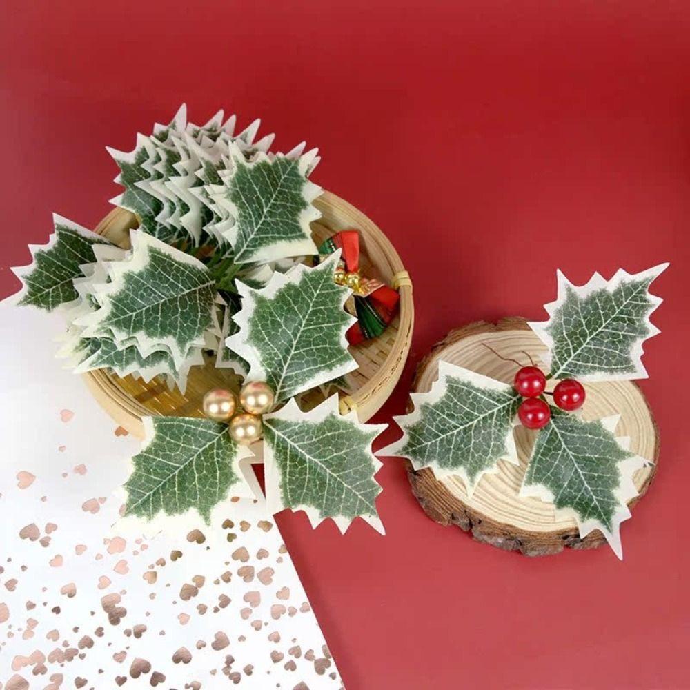 30PCS Fake Plant Artificial Holly Berry Leaves Handmade Materials Red Berries  Christmas Decoration