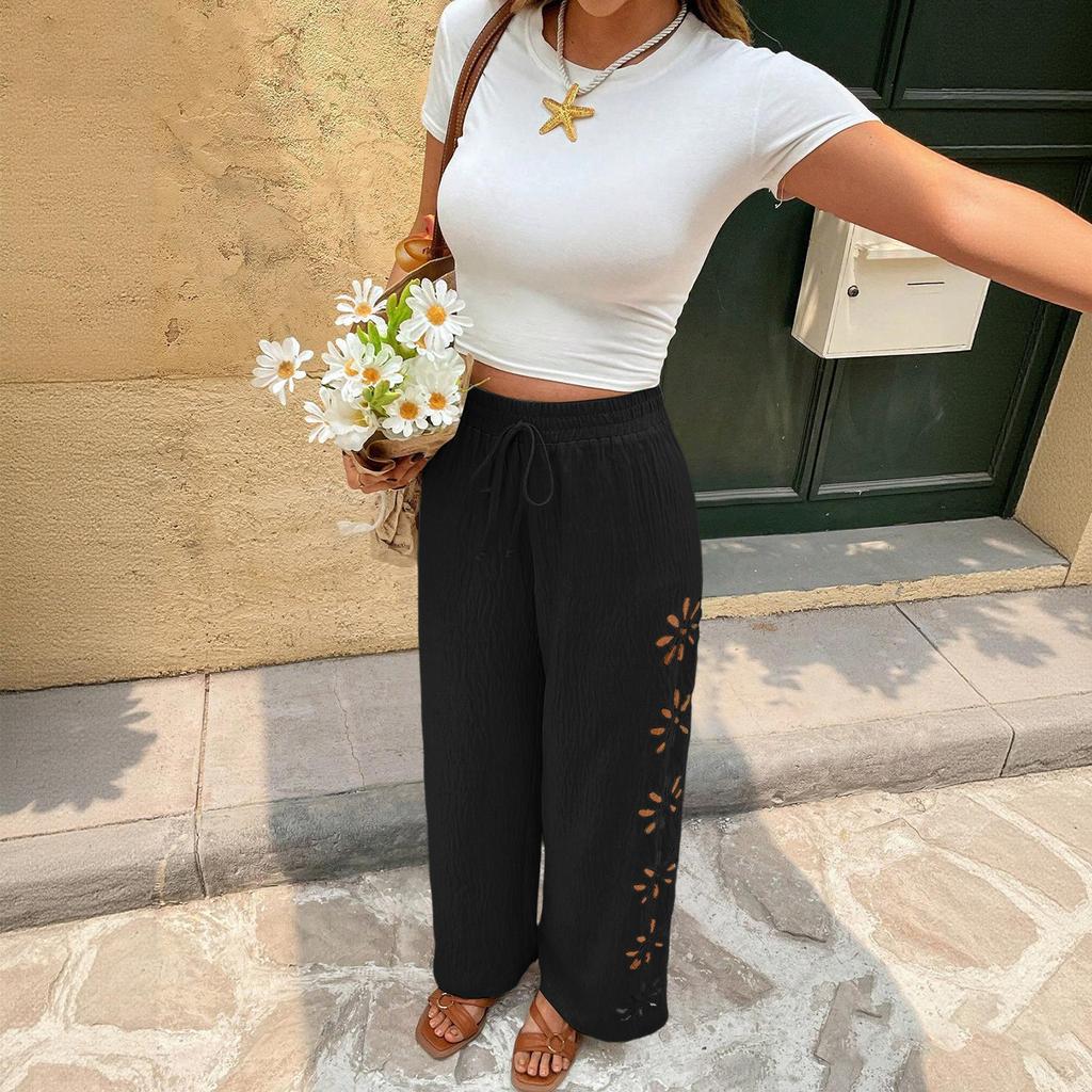 Womens Summer Beach Pants Boho Drawstring Elastic Waist Hollow Out Wide Leg Casual Lightweight Trousers