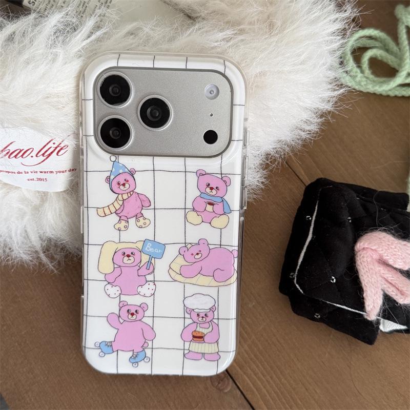 

Korean Plaid Pink Bear Phone Case for iPhone 17/16 Pro Max/15/14 14 Pro Max