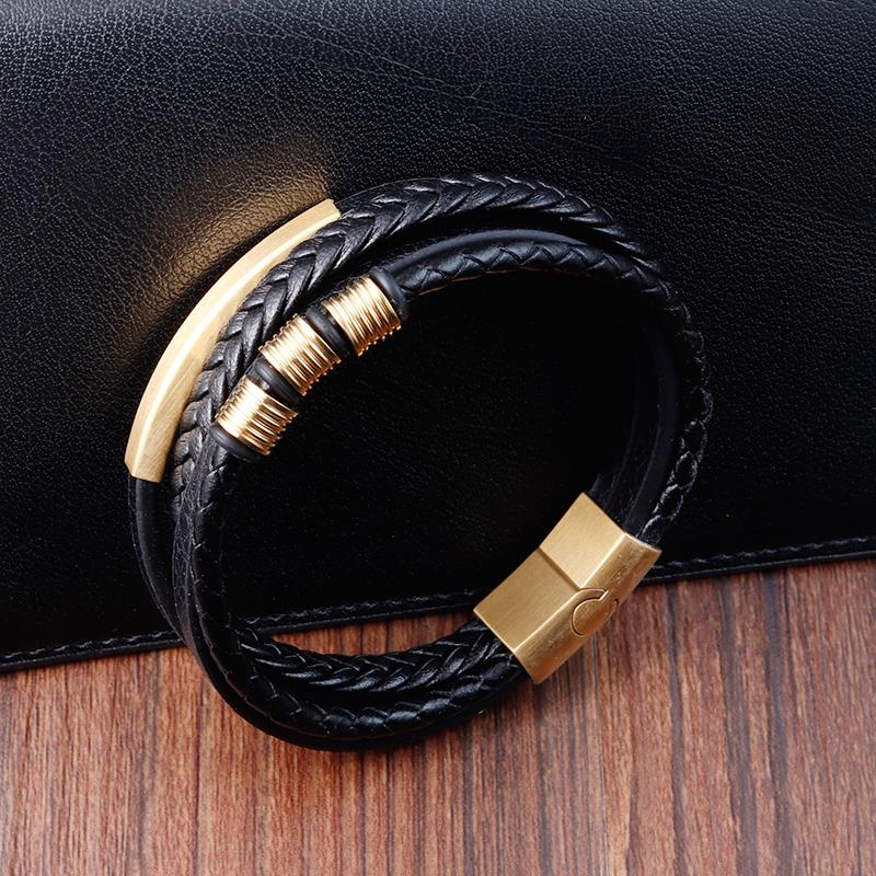 Luxury Classic Multi-layer Style Hand-woven Winding Stainless Steel Men's Leather Bracelet With Magnet Clasp For Men's Jewelry