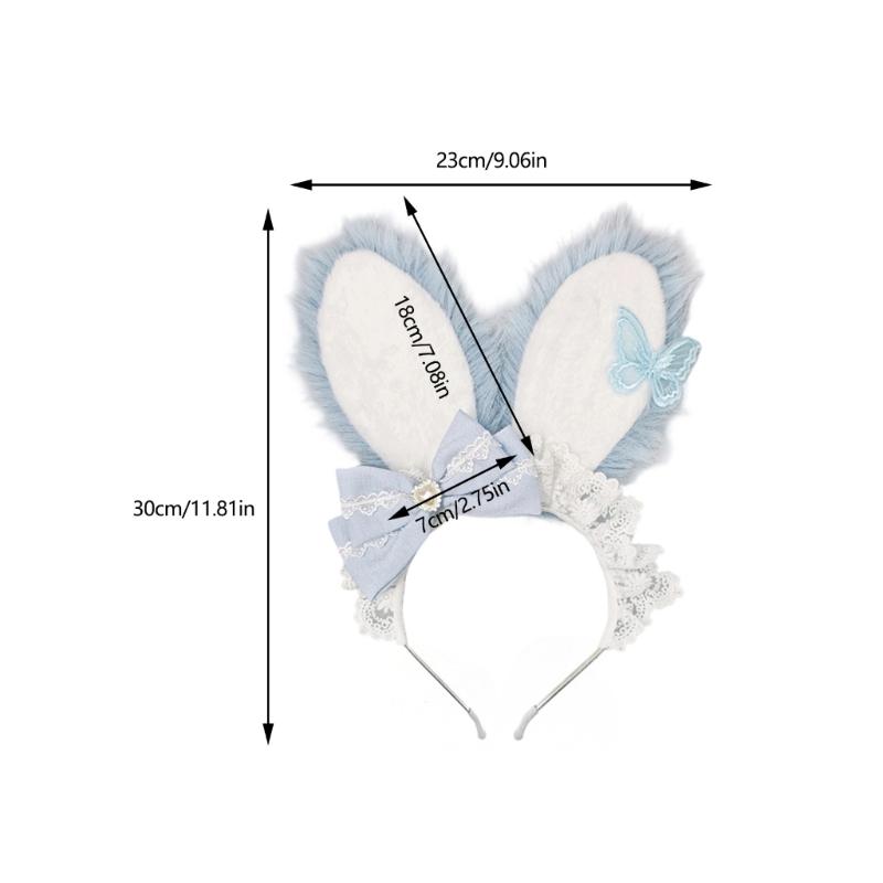 Plush Sweet Rabbit Ears Headband With Elegant Lace And Bowknot Detachable For Cosplay Party And Daily Wear