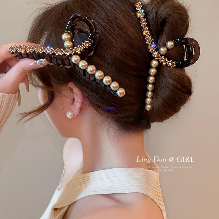 Korean Style Pearl & Rhinestone Hair Clip - Luxury Sparkling Shark Clip for Updo