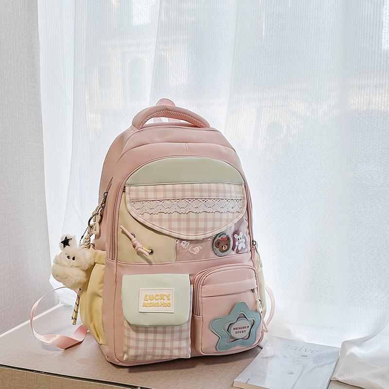 Plaid Backpack Junior High School Student Lightweight Schoolbag Color Block Large Capacity Backpack