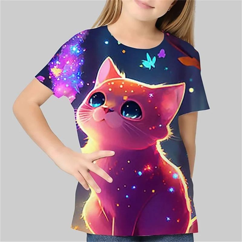 2026Kids Clothes Summer Kids Girl Boy T-Shirt Cat 3D Print O-Neck Casual Tops Animal
