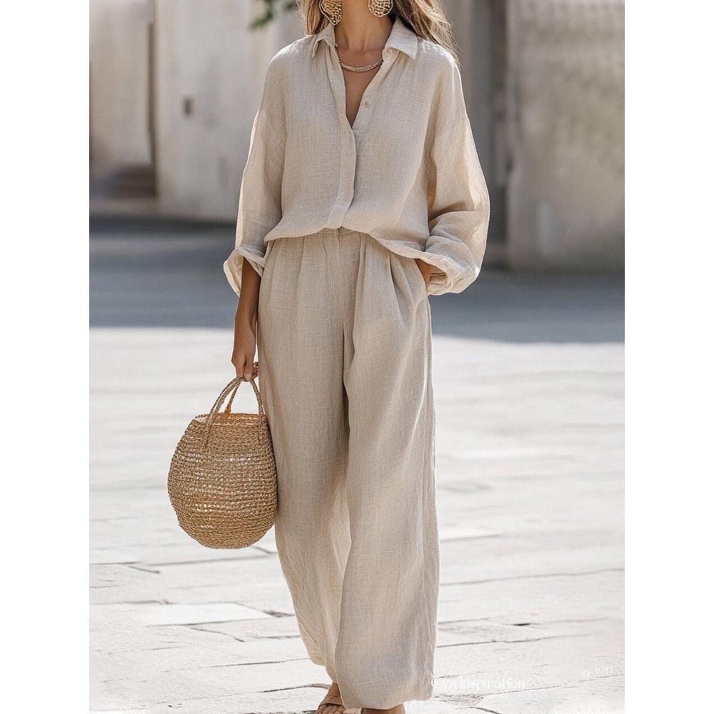 Lady Cotton Linen Shirt Pants Suits Casual Two Piece Set for Women Spring Summer Long Sleeve Top and Wide Leg Pants Loose Outfits