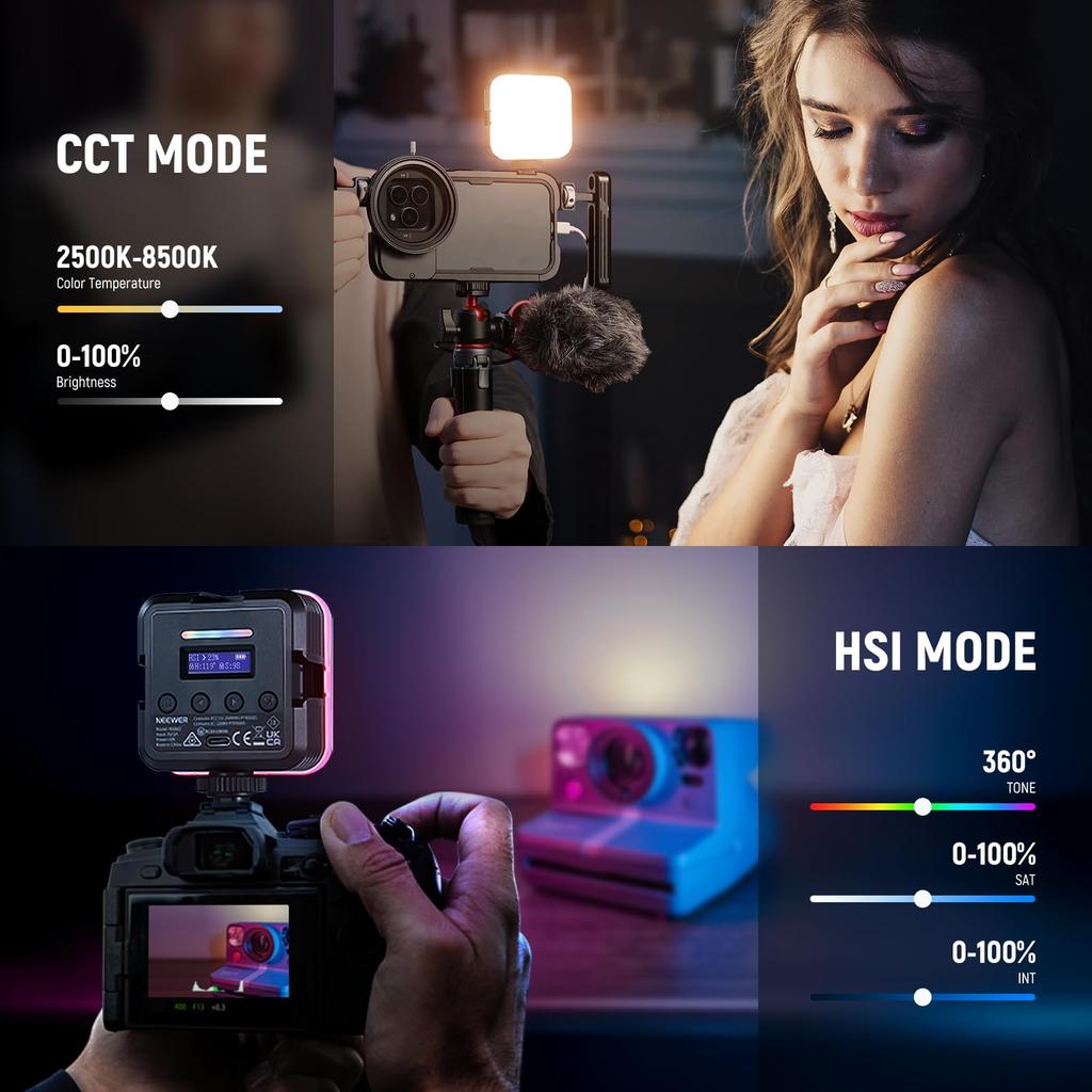 NEEWER RGB61 Magnetic Video Light, 360° Full-Color LED Camera Light, 800 Lux/0.5m, CRI97+ High Color Rendering, 2500K-8500K Dimmable, 20 Scene Modes,