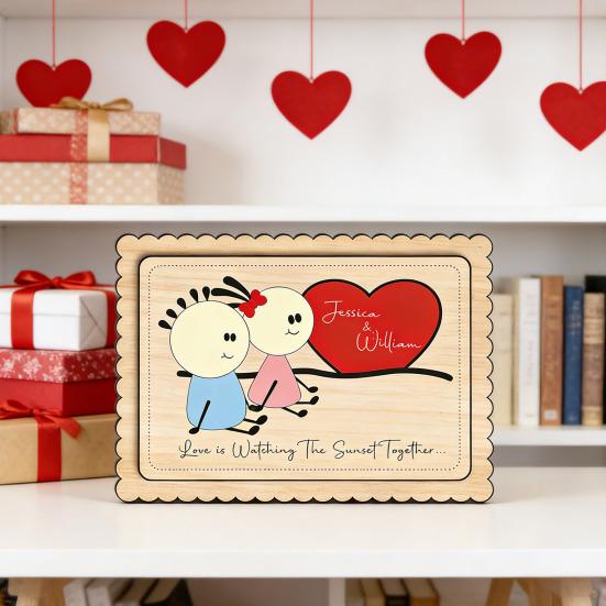 Wooden Couple Table Sign with Stand Farmhouse Rustic Cartoon Couple Ornament Valentine's Day Anniversary Wedding Party Decoration