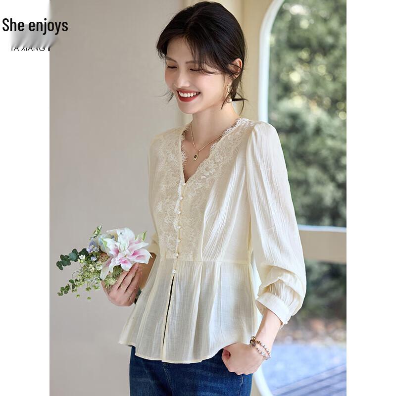 Women s Elegant V-Neck Lace Splice Long Sleeve Blouse M