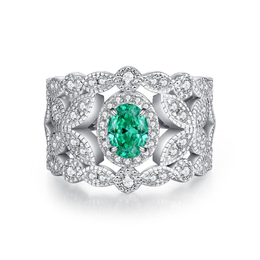 S925 Sterling Silver Wood Grain Ring, Emerald Cotton Floss Green Gem with Zircon and High Carbon Diamond Accents