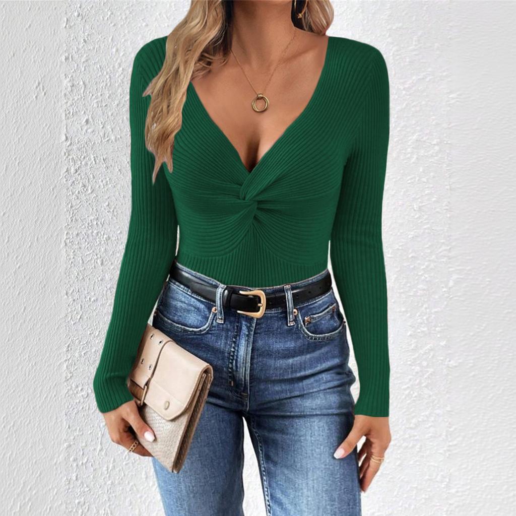 Women V Neck Twist Knot Knit Sweater Long Sleeve Slim Fit Casual Pullover Top Stretchy Soft Fabric