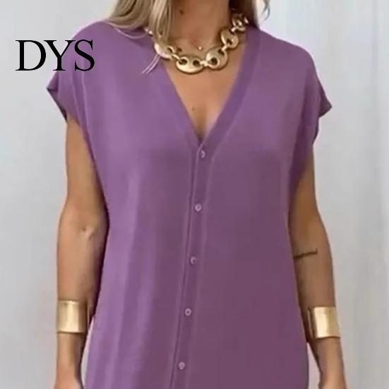 Loose Fit Solid Color Dress Womens Summer Casual Short Sleeve Midi V-neck Comfortable Lightweight Button Down Shirt for Daily Life Dating Work