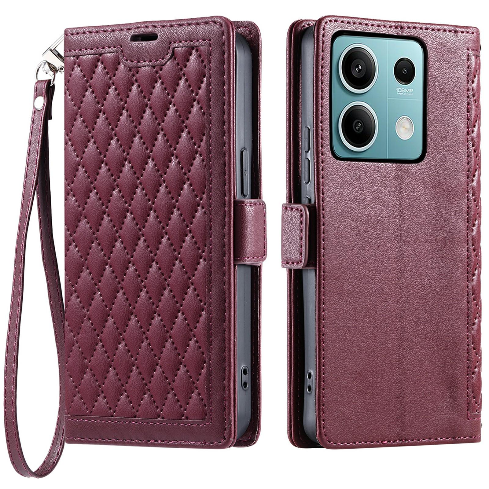 

For Xiaomi Redmi Note 13 5G Leather Case Rhombus Texture Wallet Stand Phone Cover with Wrist Strap D