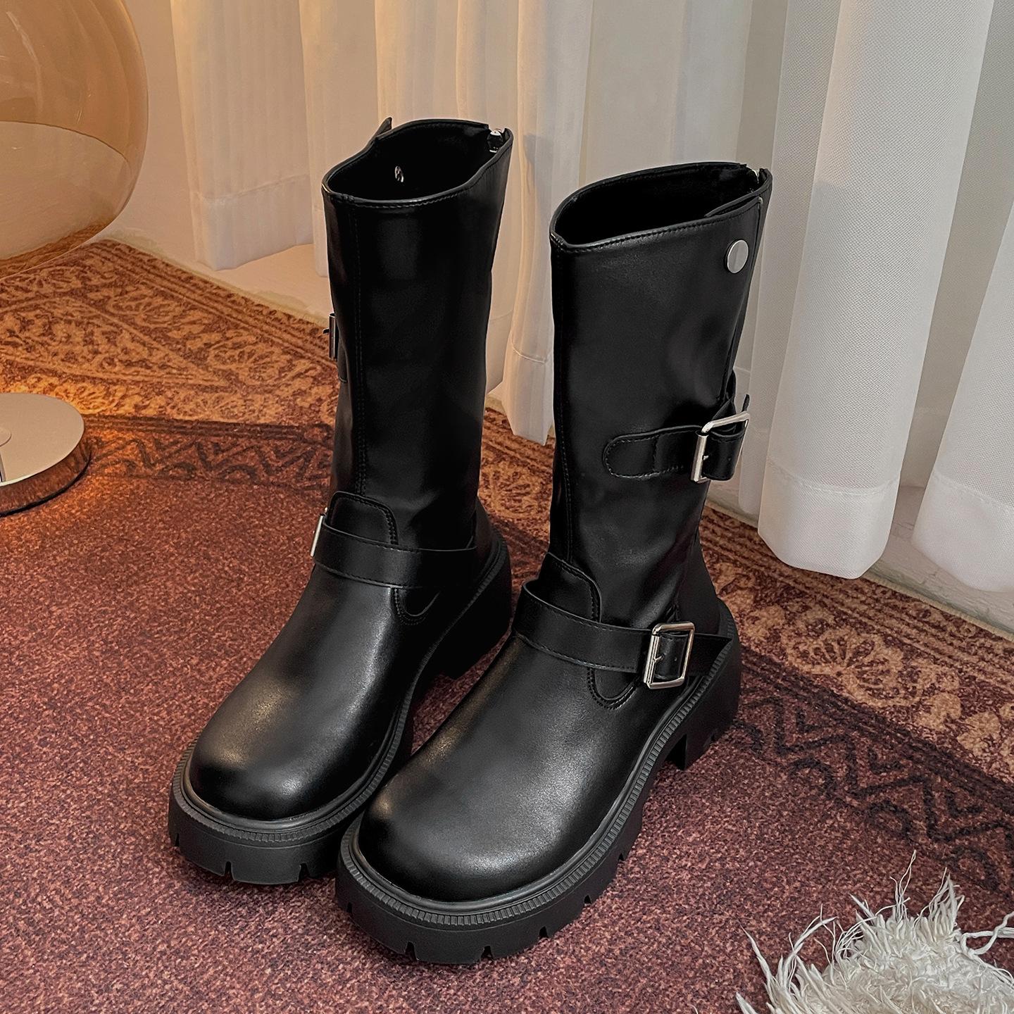 

Black retro thick-soled thick-heeled Martin boots women s 2025 new summer British style thin medium tube knight boots 35 чёрный