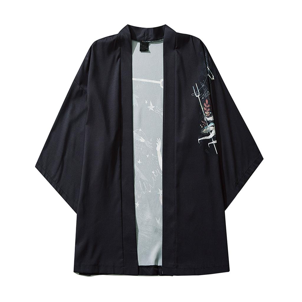 Men's Casual Loose Open Front 3/4 Sleeve Japanese Style Print Cover Up Cardigan