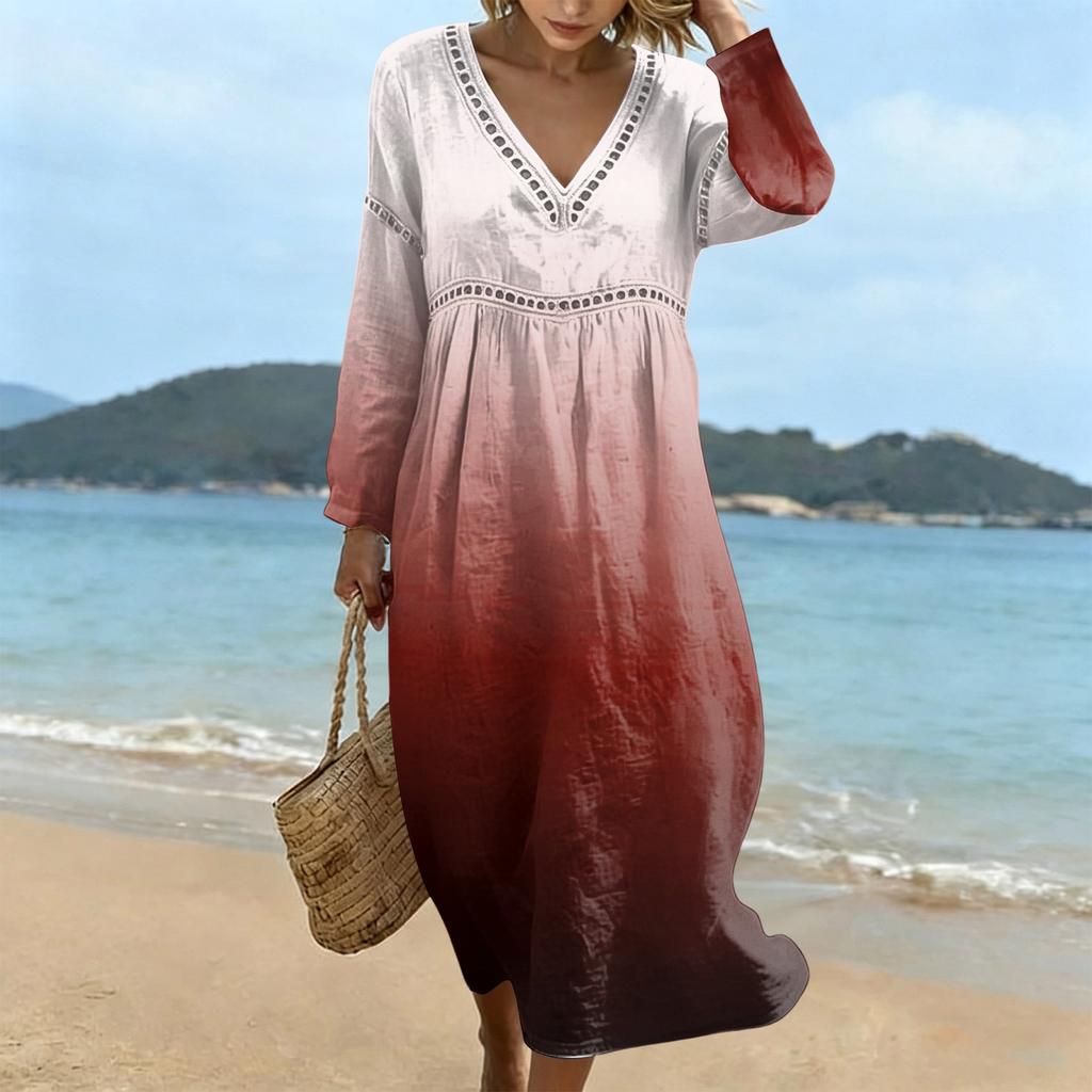 Fashionable Lady's V-neck Mid-length Casual Long-sleeved Dress
