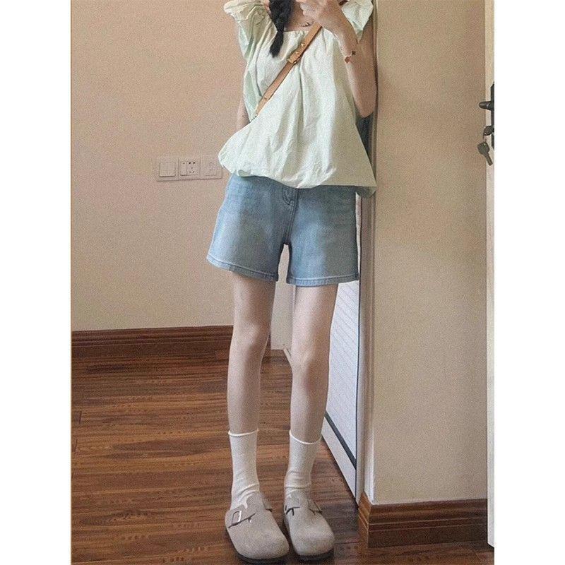 

Women s Retro High-Waist Light Blue Denim Shorts - Small Size, Loose Fit, Wide Leg, A-Line, Mid-Length Extra Small