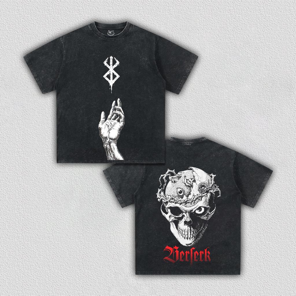 Berserk Baggy T-shirt Washed Oversized Cotton Anime Two Sided Print Men Women Short Sleeve Retro Streetwear Cotton Female Male Clothing