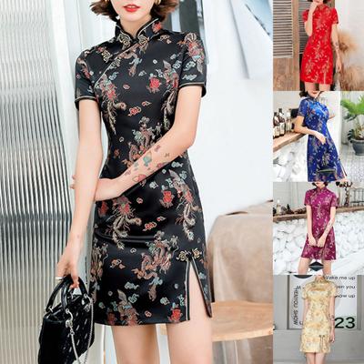 Sukienka mini qipao z krótkim rękawem, dopasowana powyżej kolan Tradycyjny smok feniks