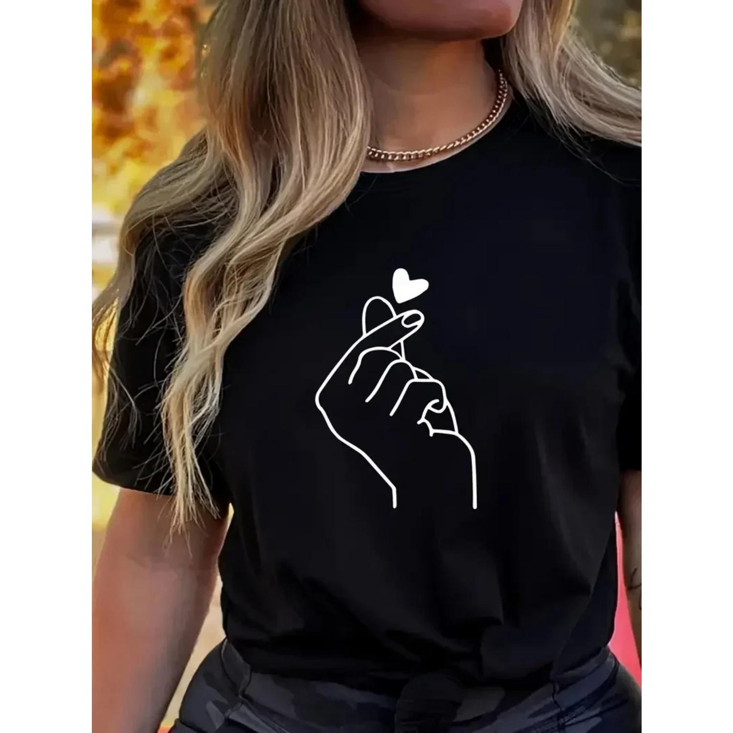Cute Heart Print Streetwear Solid Color Round Neck T-Shirt Women Short Sleeve Casual Daily Top Unisex Oversized Harajuku S чёрный