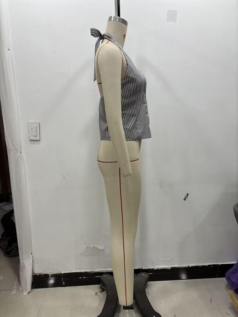 ZA Women's Summer 2025 Retro Striped Halter Neck Vest and Straight Leg Pants Set