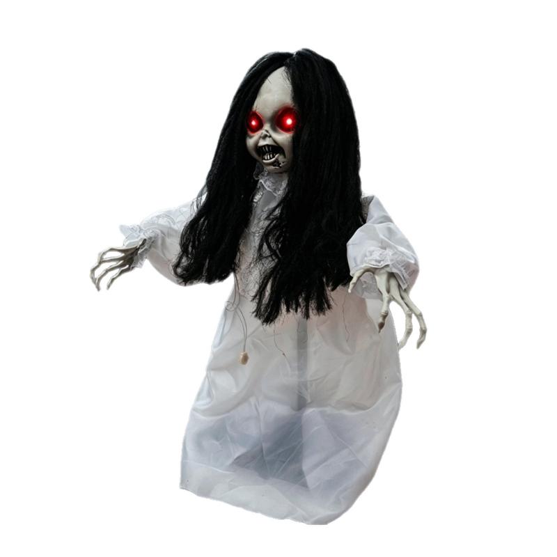 Sound Activated Halloween Hanging Figure with Red Light Up Face Detail, Animated Girl Party Decoration for Hallway, Corner, and Holiday Display