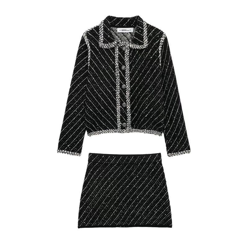 Kaslead New Arrival Women's Clothing Fashion Style Patchwork Lapel Knitting Jacket with Skirt 9874114 9874116