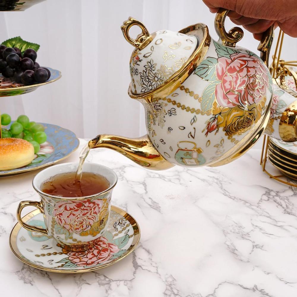 20 pieces European Vintage Ceramic Tea set, Adult tea Set, Afternoon Tea Set (Golden Rose, medium)