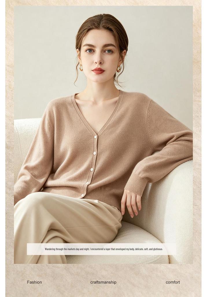 Leka Sha Women's 100% Fine Wool V-Neck Knit Cardigan, Long Sleeve Loose Sweater