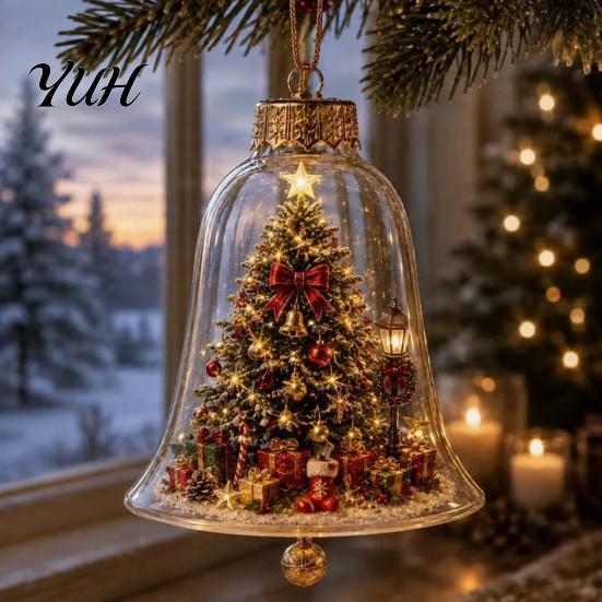 Vintage Christmas Tree Decor 3D Bell Ornament, Winter Scene Clear Decoration with Santa Holiday Home Atmosphere Enhancements Snowman Reindeer