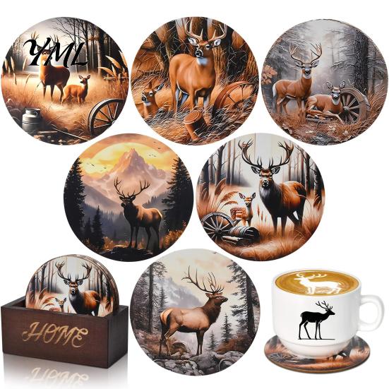 Protective Wood Mats for Tea Cups Retro Elk/Vinyl Record Coasters, Decorative Wooden Cup Mats, Insulated Table Wear Resistant Thermal Transfer