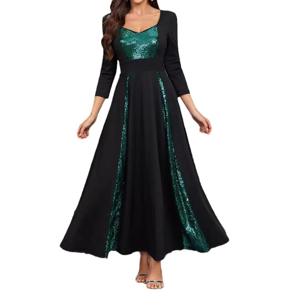 New solid color small V-neck sequins elegant slim-fitting long-sleeved A-word women's dress