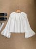 2025 Fall/Winter Women's White Check Doll Collar Lace Bell Sleeve Shirt