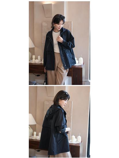 YUN Hooded Mid-Length Casual Trench Coat - Solid Color, Zipper, Loose Fit, Lightweight