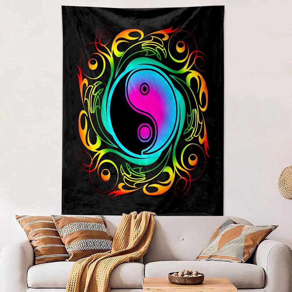 Colorful Yin Yang with Neon Swirls Patterned Tapestry Decorative Wall Hanging, Home Bedroom Living Room Decor