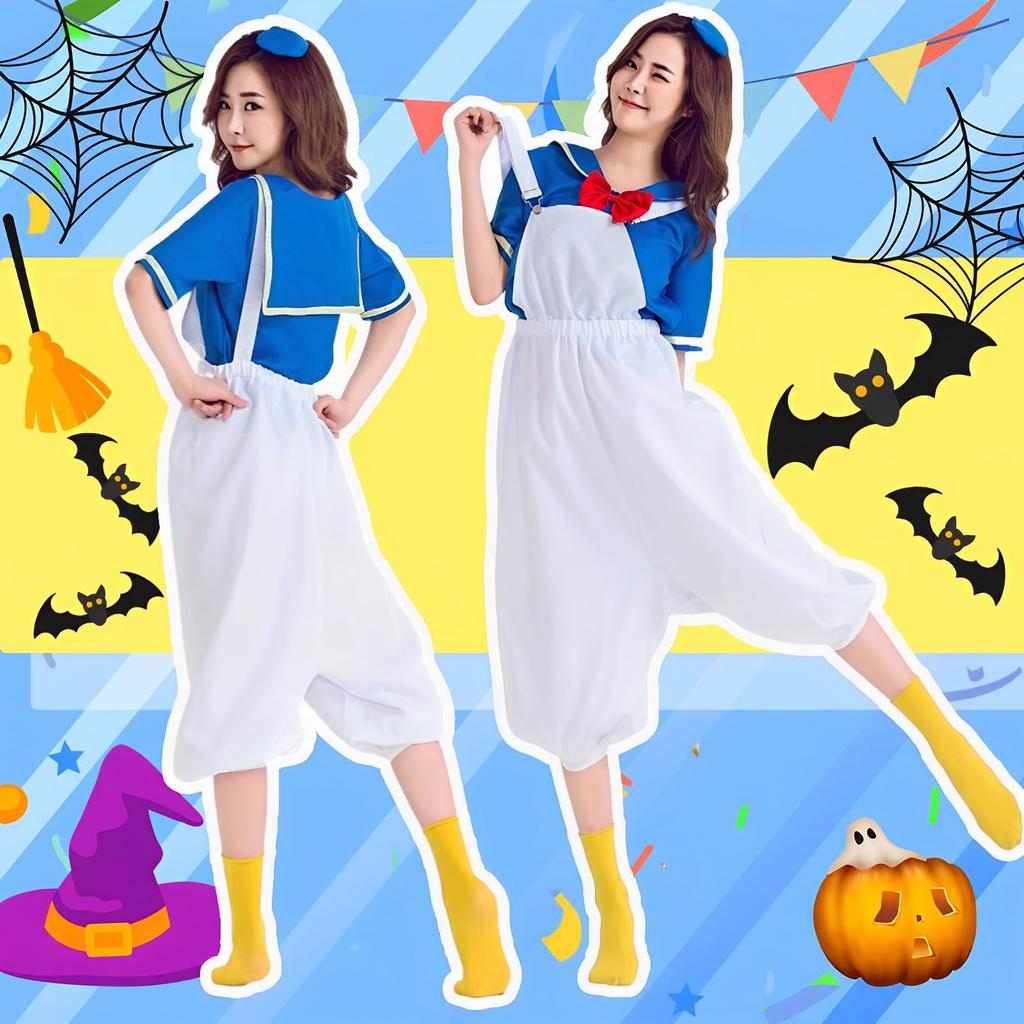 Angenster Halloween Donald Duck Cosplay Adult Sailor Uniform Duck Cosplay Navy Style Women's 5-Piece Set, Cute Adult Costume, Disguise, Uniform,